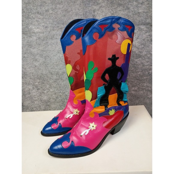 Zalo Womens 8.5 M Sunset Mesh Western Cowboy Boots Colorful Leather Vibrant VTG - Picture 4 of 16